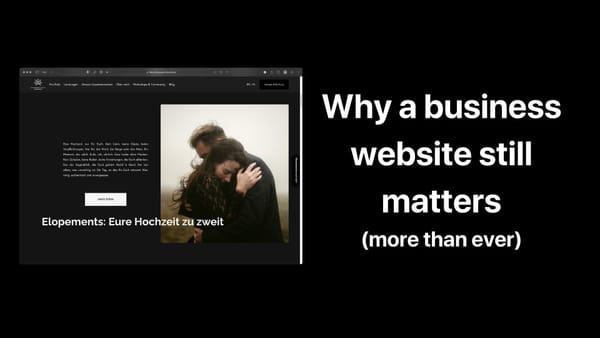 Computer screen split: left shows wedding photo site with couple and German text; right has white text on black "Why a business website still matters (more than ever)"